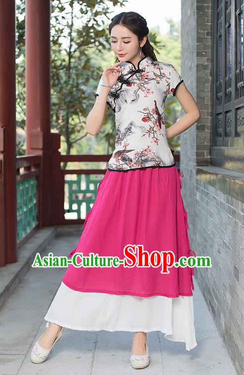 Traditional Chinese National Costume, Elegant Hanfu Ink Painting Birds Flowers Slant Opening Pink T-Shirt, China Tang Suit Republic of China Plated Buttons Chirpaur Blouse Cheong-sam Upper Outer Garment Qipao Shirts Clothing for Women