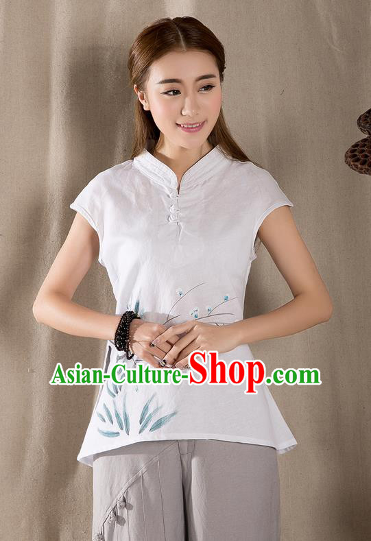 Traditional Chinese National Costume, Elegant Hanfu Hang Painting Stand Collar White Blouse, China Tang Suit Republic of China Plated Buttons Chirpaur Blouse Cheong-sam Upper Outer Garment Qipao Shirts Clothing for Women