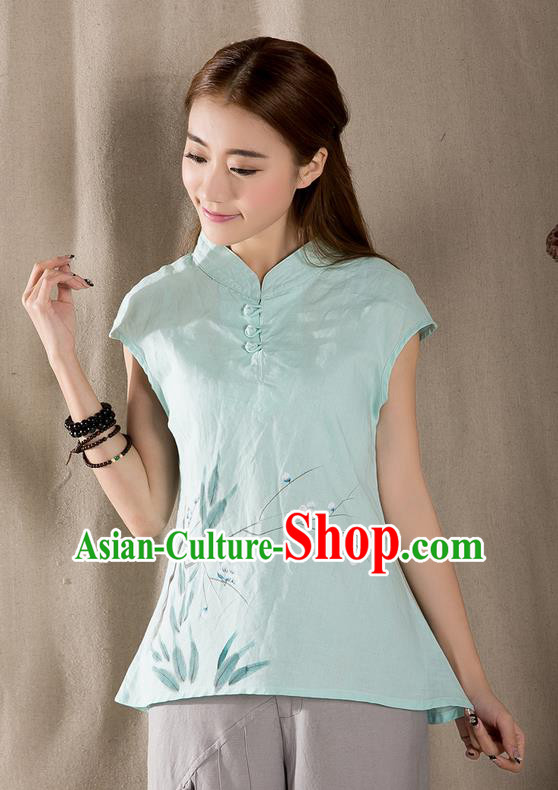 Traditional Chinese National Costume, Elegant Hanfu Hang Painting Stand Collar Green Blouse, China Tang Suit Republic of China Plated Buttons Chirpaur Blouse Cheong-sam Upper Outer Garment Qipao Shirts Clothing for Women