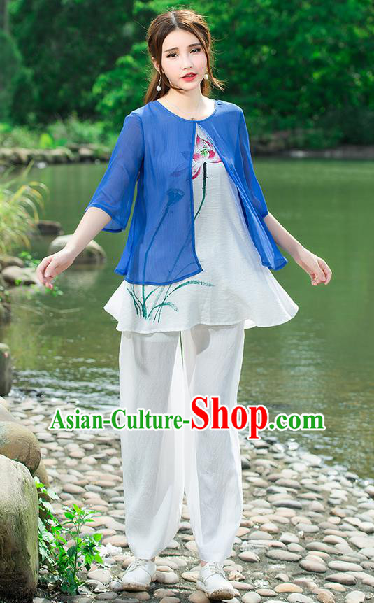 Traditional Chinese National Costume, Elegant Hanfu Hand Painting Lotus Flowers Blue Blouse, China Tang Suit Chirpaur Blouse Cheong-sam Upper Outer Garment Qipao Shirts Clothing for Women