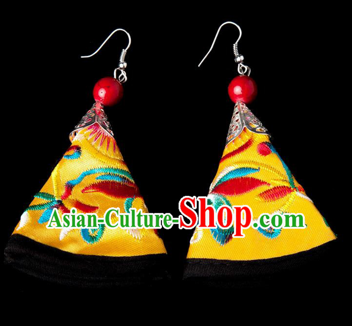 Traditional Chinese Miao Nationality Crafts, Yunnan Hmong Handmade Embroidery Flower Yellow Earrings Pendant, China Ethnic Minority Eardrop Accessories Earbob Pendant for Women