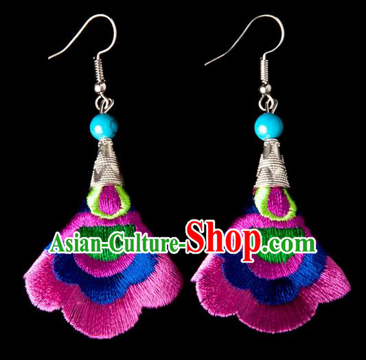 Traditional Chinese Miao Nationality Crafts, Yunnan Hmong Handmade Embroidery Flower Linen Pink Earrings Pendant, China Ethnic Minority Eardrop Accessories Earbob Pendant for Women