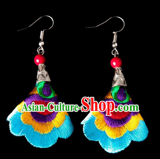 Traditional Chinese Miao Nationality Crafts, Yunnan Hmong Handmade Embroidery Flower Linen Blue Earrings Pendant, China Ethnic Minority Eardrop Accessories Earbob Pendant for Women