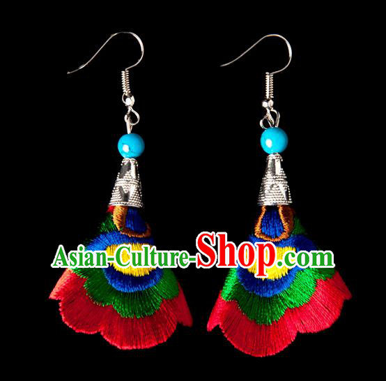 Traditional Chinese Miao Nationality Crafts, Yunnan Hmong Handmade Embroidery Flower Linen Red Earrings Pendant, China Ethnic Minority Eardrop Accessories Earbob Pendant for Women