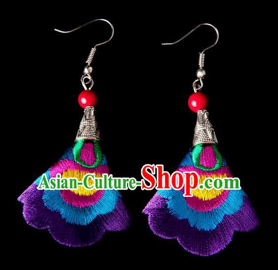 Traditional Chinese Miao Nationality Crafts, Yunnan Hmong Handmade Embroidery Flower Linen Purple Earrings Pendant, China Ethnic Minority Eardrop Accessories Earbob Pendant for Women