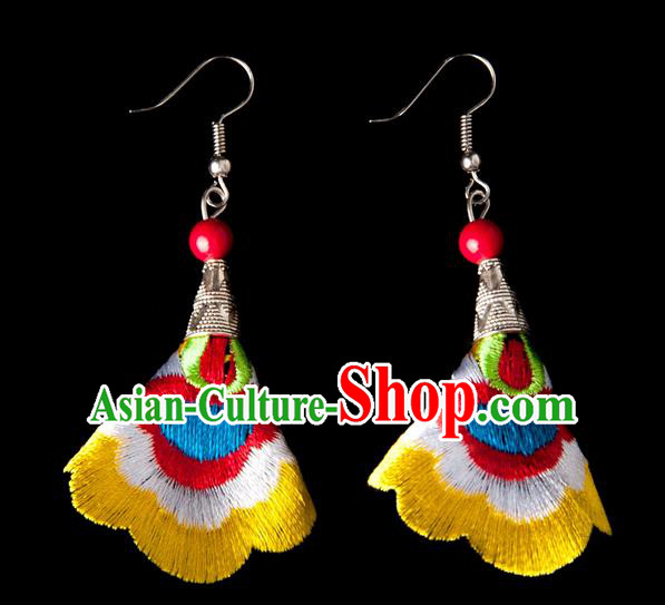 Traditional Chinese Miao Nationality Crafts, Yunnan Hmong Handmade Embroidery Flower Linen Yellow Earrings Pendant, China Ethnic Minority Eardrop Accessories Earbob Pendant for Women