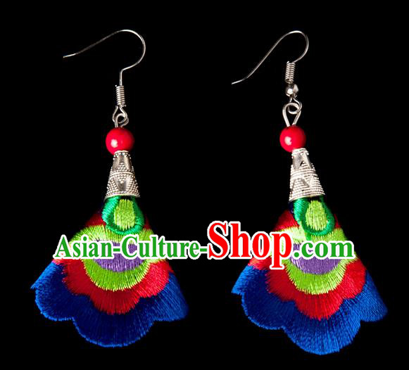 Traditional Chinese Miao Nationality Crafts, Yunnan Hmong Handmade Embroidery Flower Linen Royalblue Earrings Pendant, China Ethnic Minority Eardrop Accessories Earbob Pendant for Women