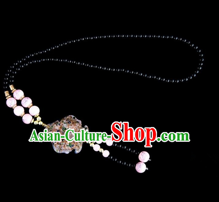 Traditional Chinese Nationality Crafts, Yunan Handmade Coloured Glaze Fish Pink Tassel Sweater Chain, China Ethnic Minority Necklace Accessories Pendant for Women
