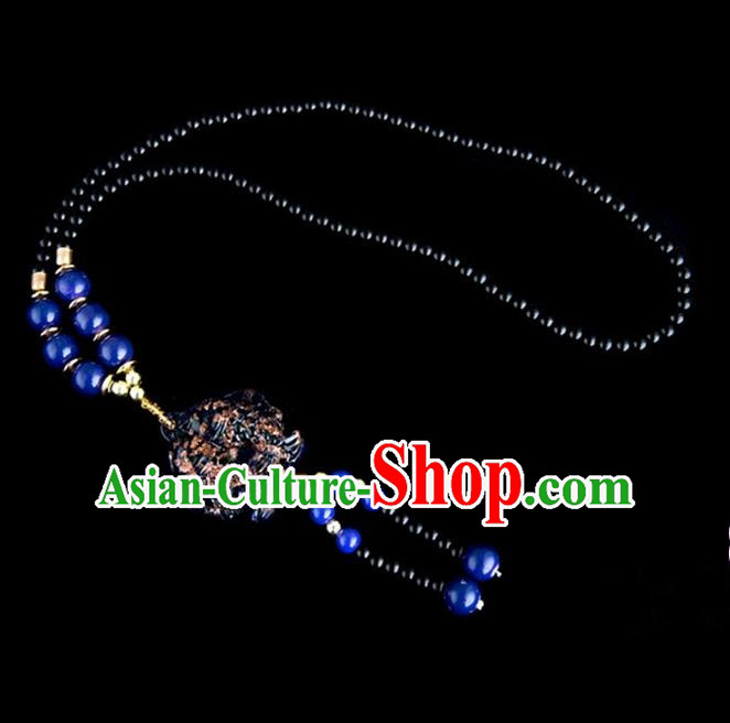 Traditional Chinese Nationality Crafts, Yunan Handmade Coloured Glaze Fish Royalblue Tassel Sweater Chain, China Ethnic Minority Necklace Accessories Pendant for Women