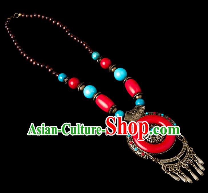 Traditional Chinese Zang Nationality Crafts, Hmong Handmade Tibet Red Tassel Sweater Chain, Tibetan Ethnic Minority Necklace Accessories Pendant for Women