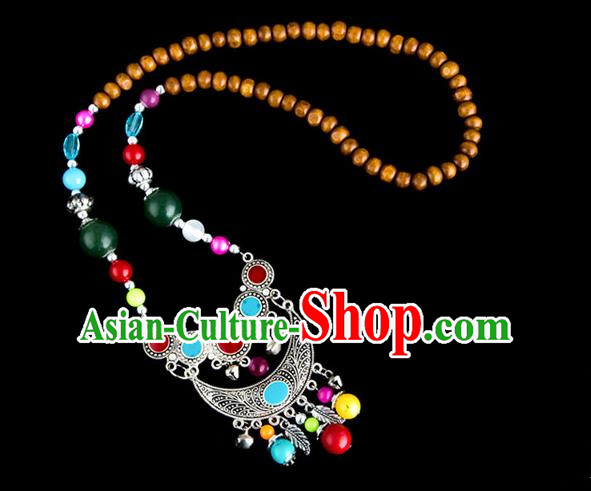 Traditional Chinese Zang Nationality Crafts, Hmong Handmade Tibet Log Beads Tassel Bells Sweater Chain, Tibetan Ethnic Minority Necklace Accessories Pendant for Women