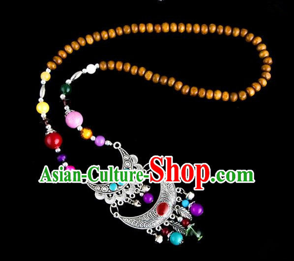 Traditional Chinese Zang Nationality Crafts, Hmong Handmade Tibet Log Beads Tassel Bells Sweater Chain, Tibetan Ethnic Minority Necklace Accessories Pendant for Women