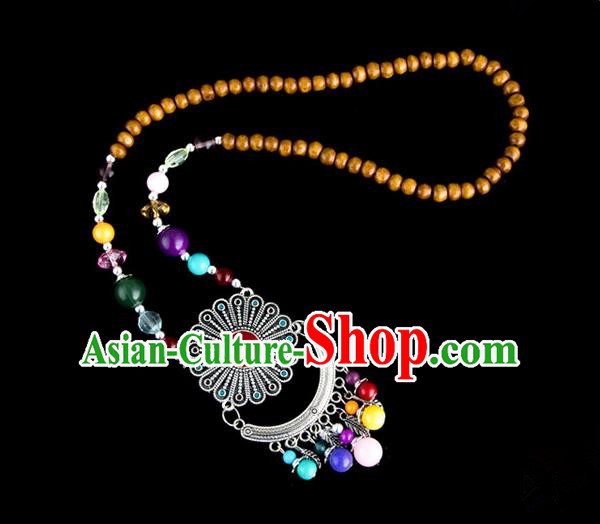 Traditional Chinese Zang Nationality Crafts, Hmong Handmade Tibet Log Beads Tassel Bells Sweater Chain, Tibetan Ethnic Minority Necklace Accessories Pendant for Women