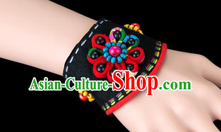 Traditional Chinese Miao Nationality Crafts, Yunan Hmong Handmade Bracelet Black Cuff Hand Decorative, China Miao Ethnic Minority Bangle Accessories for Women