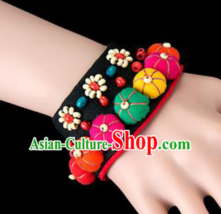 Traditional Chinese Miao Nationality Crafts, Yunan Hmong Handmade Bracelet Flowers Cuff Hand Decorative, China Miao Ethnic Minority Bangle Accessories for Women