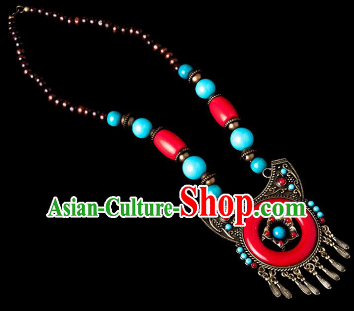 Traditional Chinese Zang Nationality Crafts, Handmade Tibet Beads Red Tassel Sweater Chain, Tibetan Ethnic Minority Necklace Accessories Pendant for Women