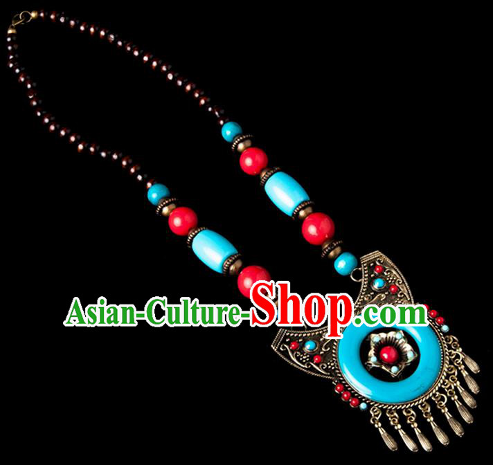 Traditional Chinese Zang Nationality Crafts, Handmade Tibet Beads Blue Tassel Sweater Chain, Tibetan Ethnic Minority Necklace Accessories Pendant for Women
