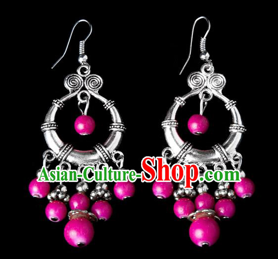 Traditional Chinese Miao Nationality Crafts, Yunnan Hmong Handmade Pink Beads Tassel Earrings Pendant, China Ethnic Minority Eardrop Accessories Earbob Pendant for Women