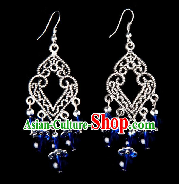 Traditional Chinese Miao Nationality Crafts, Yunnan Hmong Handmade Royalblue Beads Long Tassel Earrings Pendant, China Ethnic Minority Eardrop Accessories Earbob Pendant for Women