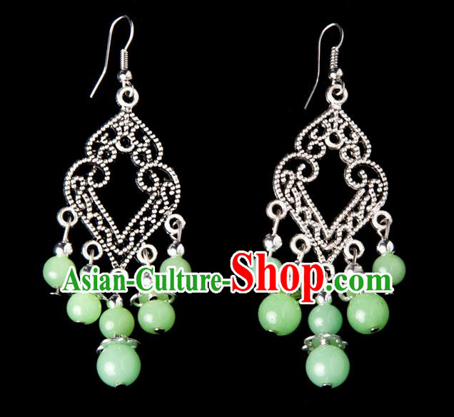 Traditional Chinese Miao Nationality Crafts, Yunnan Hmong Handmade Green Beads Long Tassel Earrings Pendant, China Ethnic Minority Eardrop Accessories Earbob Pendant for Women