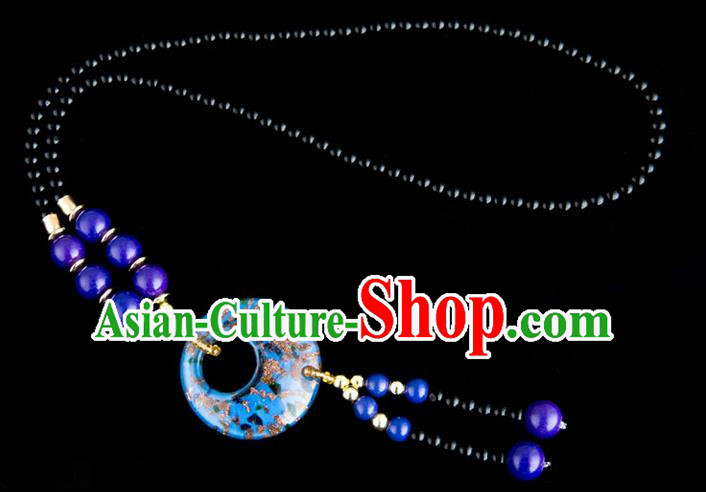 Traditional Chinese Miao Nationality Crafts, China Handmade Beads Blue Coloured Glaze Sweater Chain, China Miao Ethnic Minority Necklace Accessories Pendant for Women