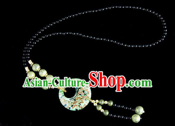 Traditional Chinese Miao Nationality Crafts, China Handmade Beads Green Coloured Glaze Sweater Chain, China Miao Ethnic Minority Necklace Accessories Pendant for Women