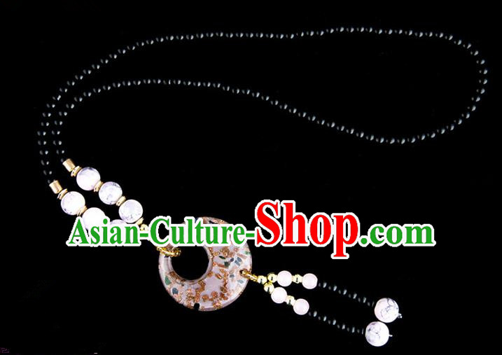 Traditional Chinese Miao Nationality Crafts, China Handmade Beads White Coloured Glaze Sweater Chain, China Miao Ethnic Minority Necklace Accessories Pendant for Women