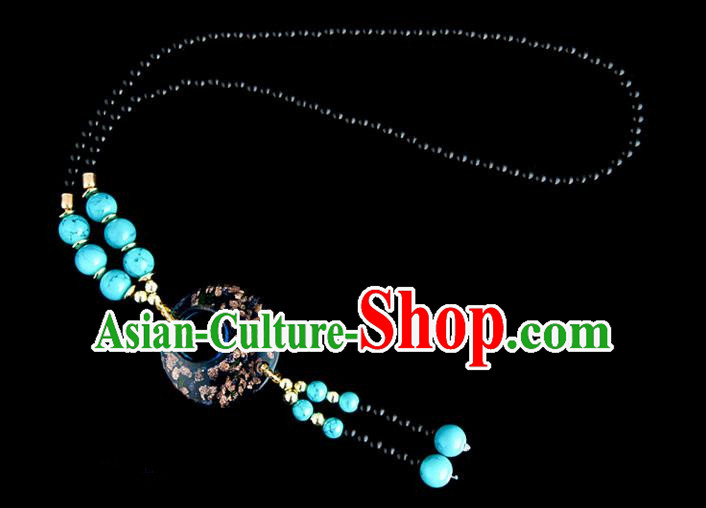 Traditional Chinese Miao Nationality Crafts, China Handmade Beads Blue Coloured Glaze Sweater Chain, China Miao Ethnic Minority Necklace Accessories Pendant for Women