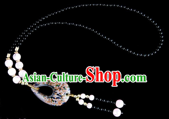 Traditional Chinese Zang Nationality Crafts, China Handmade Tibet Coloured Glaze Beads Pink Drop-shaped Tassel Sweater Chain, Tibetan Ethnic Minority Necklace Accessories Pendant for Women