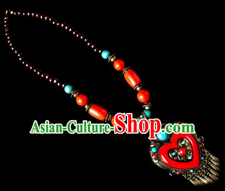 Traditional Chinese Zang Nationality Crafts, China Handmade Tibet Red Beads Heart-shaped Tassel Sweater Chain, Tibetan Ethnic Minority Necklace Accessories Pendant for Women