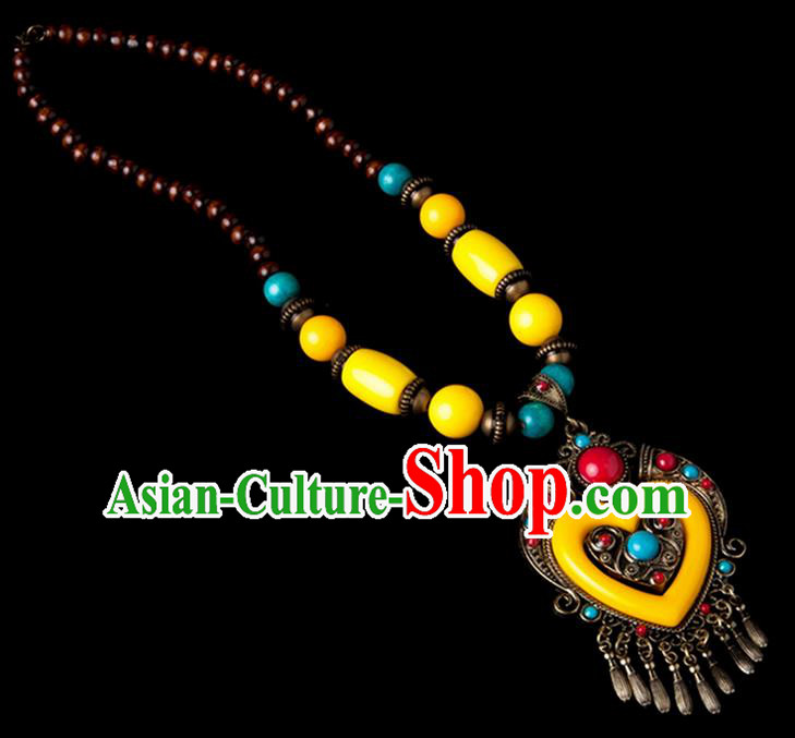 Traditional Chinese Zang Nationality Crafts, China Handmade Tibet Yellow Beads Heart-shaped Tassel Sweater Chain, Tibetan Ethnic Minority Necklace Accessories Pendant for Women