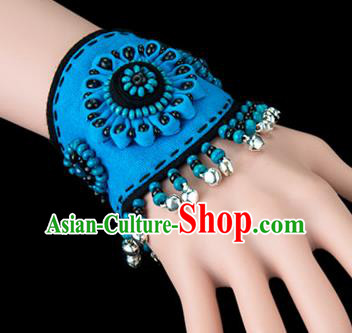 Traditional Chinese Miao Nationality Crafts, Yunan Hmong Handmade Flowers Bracelet Blue Cuff Bells Hand Decorative, China Miao Ethnic Minority Bangle Accessories for Women