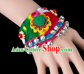 Traditional Chinese Miao Nationality Crafts, Yunan Hmong Handmade Flowers Bracelet Green Cuff Bells Hand Decorative, China Miao Ethnic Minority Bangle Accessories for Women