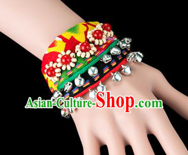 Traditional Chinese Miao Nationality Crafts, Yunan Hmong Handmade Beads Bracelet Green Cuff Bells Hand Decorative, China Miao Ethnic Minority Bangle Accessories for Women