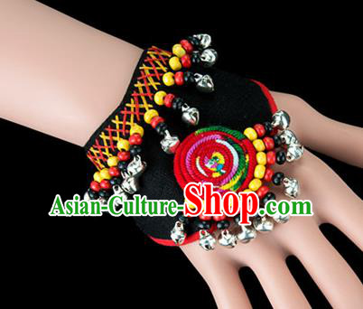 Traditional Chinese Miao Nationality Crafts, Yunan Hmong Handmade Black Fabrics Bracelet Cuff Bells Hand Decorative, China Miao Ethnic Minority Bangle Accessories for Women