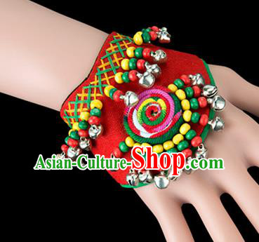 Traditional Chinese Miao Nationality Crafts, Yunan Hmong Handmade Red Fabrics Bracelet Cuff Bells Hand Decorative, China Miao Ethnic Minority Bangle Accessories for Women