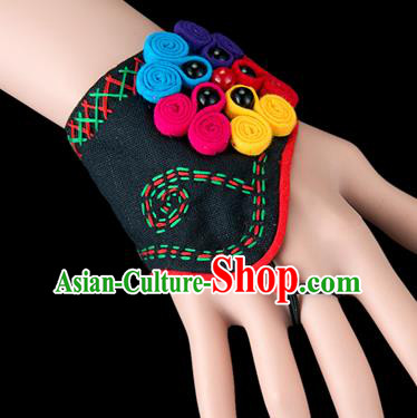 Traditional Chinese Miao Nationality Crafts, Yunnan Hmong Handmade Black Fabrics Bracelet Cuff Hand Decorative, China Miao Ethnic Minority Bangle Accessories for Women