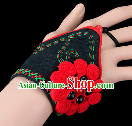 Traditional Chinese Miao Nationality Crafts, Yunnan Hmong Handmade Black Fabrics Bracelet Cuff Hand Decorative, China Miao Ethnic Minority Bangle Accessories for Women