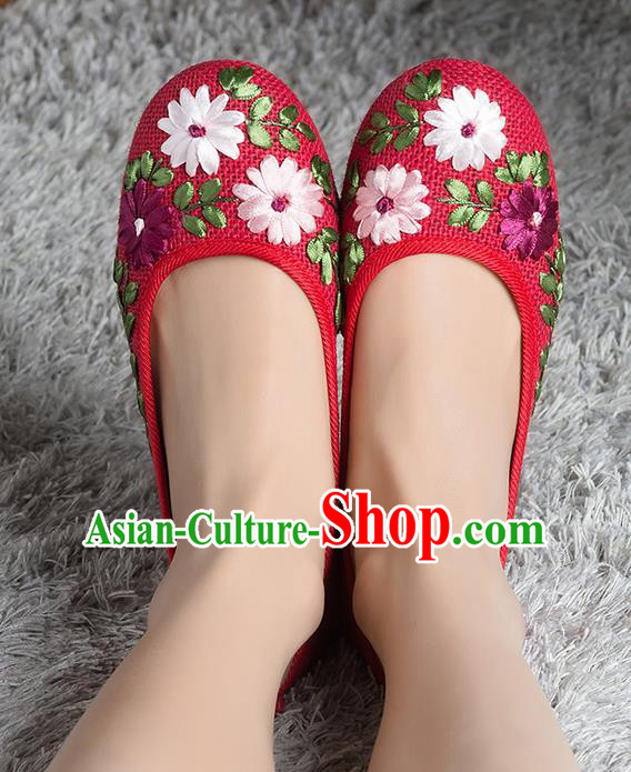 Traditional Chinese Shoes, China Handmade Linen Embroidered Red Shoes, Ancient Princess Cloth Shoes for Women