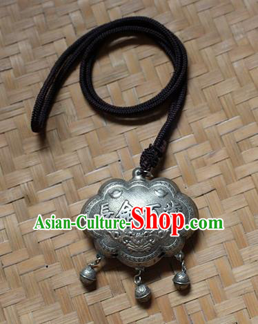 Traditional Chinese Miao Nationality Crafts Jewelry Accessory, Hmong Handmade Miao Silver Longevity Lock Bells Pendant, Miao Ethnic Minority Necklace Accessories Sweater Chain Pendant for Women