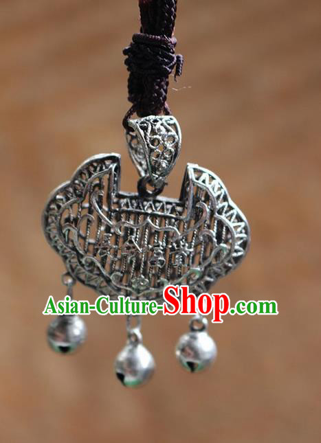 Traditional Chinese Miao Nationality Crafts Jewelry Accessory, Hmong Handmade Miao Silver Longevity Lock Bells Pendant, Miao Ethnic Minority Necklace Accessories Sweater Chain Pendant for Women