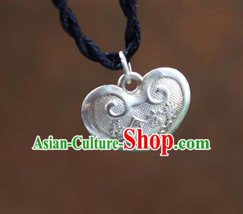 Traditional Chinese Miao Nationality Crafts Jewelry Accessory, Hmong Handmade Miao Silver Bells Heart-Shaped Pendant, Miao Ethnic Minority Necklace Accessories Sweater Chain Pendant for Women