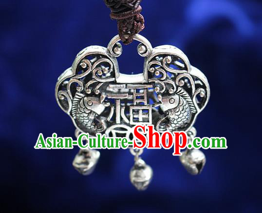 Traditional Chinese Miao Nationality Crafts Jewelry Accessory, Hmong Handmade Miao Silver Longevity Lock Tassel Pendant, Miao Ethnic Minority Necklace Accessories Sweater Chain Pendant for Women