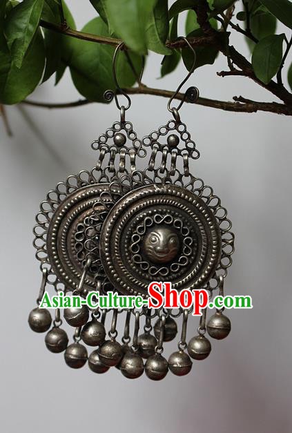 Traditional Chinese Miao Nationality Crafts Jewelry Accessory Classical Earbob Accessories, Hmong Handmade Miao Silver Palace Lady Bells Tassel Earrings, Miao Ethnic Minority Eardrop for Women