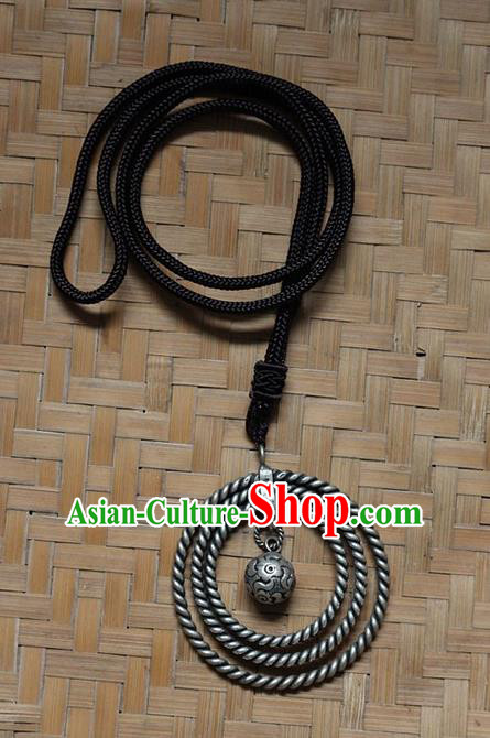 Traditional Chinese Miao Nationality Crafts Jewelry Accessory, Hmong Handmade Miao Silver Bells Tassel Birds Pendant, Miao Ethnic Minority Bells Necklace Accessories Sweater Chain Pendant for Women