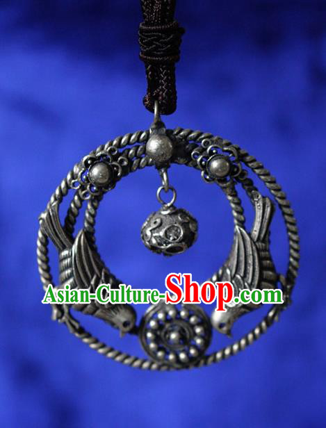 Traditional Chinese Miao Nationality Crafts Jewelry Accessory, Hmong Handmade Miao Silver Bells Tassel Birds Pendant, Miao Ethnic Minority Bells Necklace Accessories Sweater Chain Pendant for Women