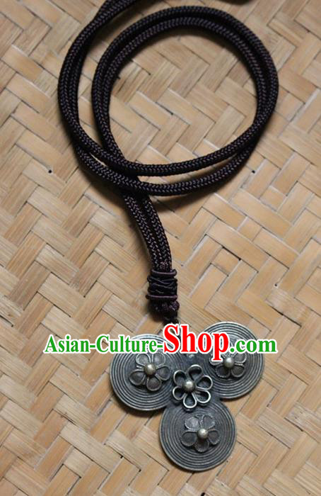 Traditional Chinese Miao Nationality Crafts Jewelry Accessory, Hmong Handmade Miao Silver Tassel Pendant, Miao Ethnic Minority Bells Necklace Accessories Sweater Chain Pendant for Women