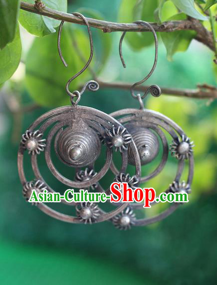 Traditional Chinese Miao Nationality Crafts Jewelry Accessory Classical Earbob Accessories, Hmong Handmade Miao Silver Palace Annulus Earrings, Miao Ethnic Minority Eardrop for Women