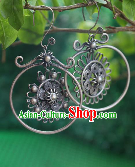 Traditional Chinese Miao Nationality Crafts Jewelry Accessory Classical Earbob Accessories, Hmong Handmade Miao Silver Palace Earrings, Miao Ethnic Minority Eardrop for Women