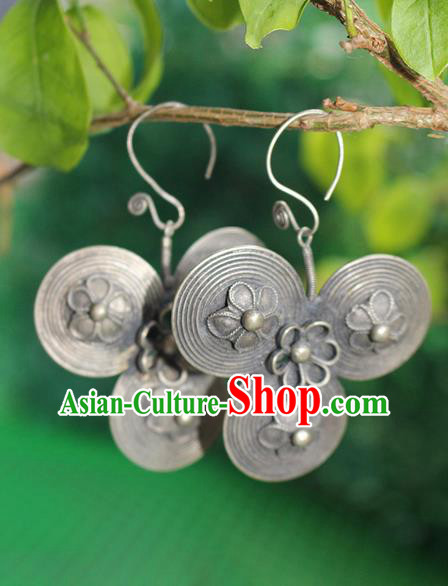 Traditional Chinese Miao Nationality Crafts Jewelry Accessory Classical Earbob Accessories, Hmong Handmade Miao Silver Palace Earrings Ear Pendants, Miao Ethnic Minority Eardrop for Women